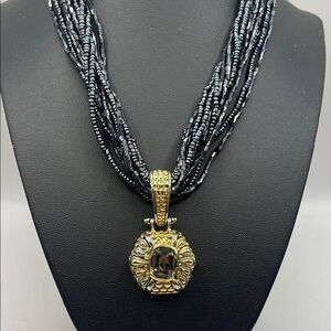 Elegant Black Beaded  Necklace with Gold and Silver tone Pendant  with Quartz